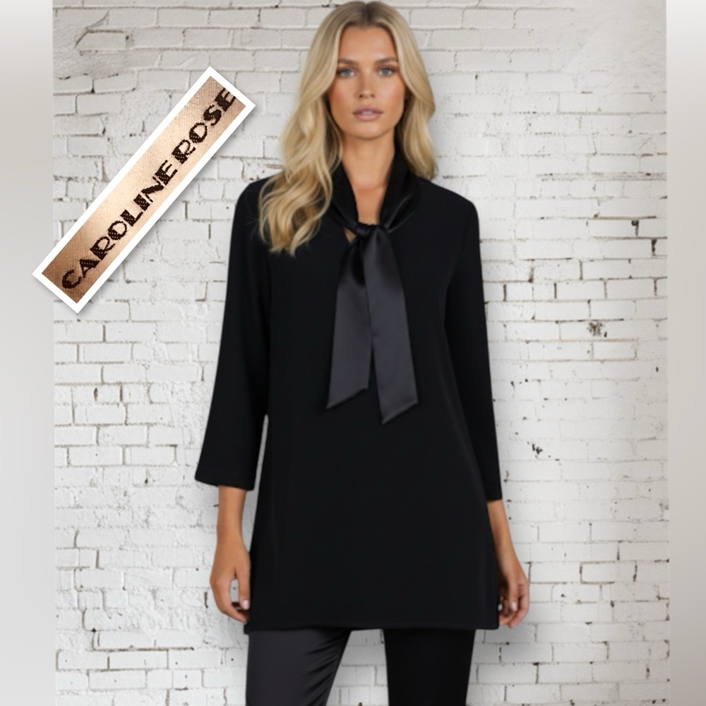 CAROLINE ROSE Black Crepe-Satin Tie-Neck Tunic Blouse Top | Long Sleeve